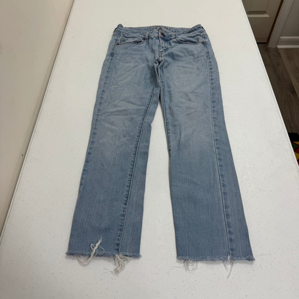 American Eagle Skinny Jeans Womens 2 Light Wash Raw Hem Low Rise Stretch Denim